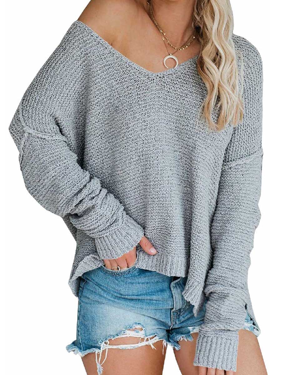 Strapless Knit Sweater Oversized Long Sleeve Sexy V-Neck Loose Pullover