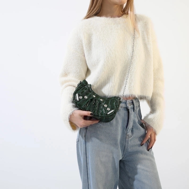 Women's Pu Leather Solid Color Classic Style Sewing Thread Dumpling Shape Zipper Shoulder Bag
