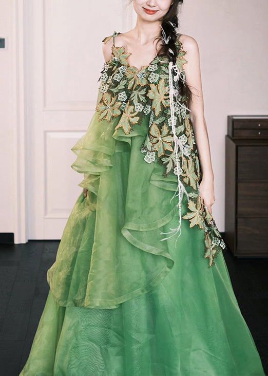 Stylish Green Embroidered Patchwork Silk Cotton Spaghetti Strap Dress Sleeveless