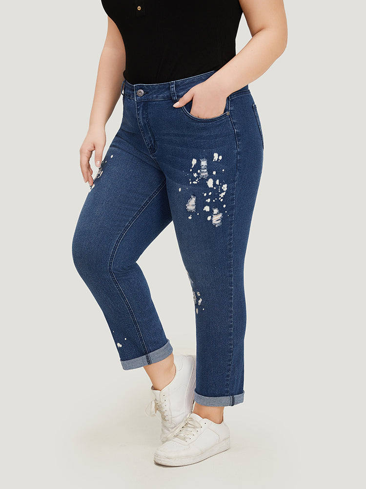 Paint Splatter Roll Distressed Medium Wash Jeans