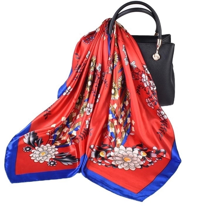 Women's Lady Flower Satin Printing Silk Scarf