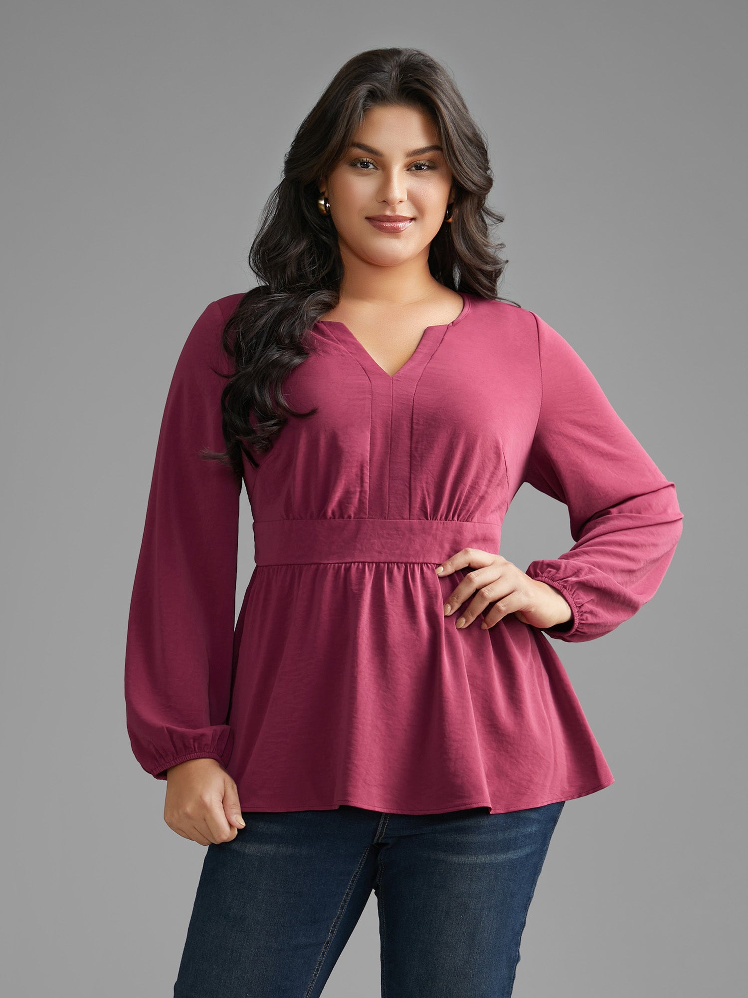 Notched Collar Gathered Lantern Sleeve Blouse