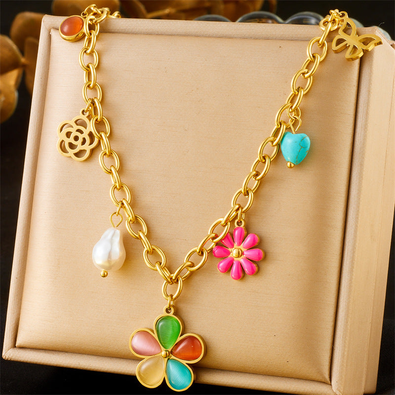 Fashion Colorful Dopamine Oil Drop Rainbow Flower Accessories Pendant Eye Butterfly Chain Stainless Steel Necklace