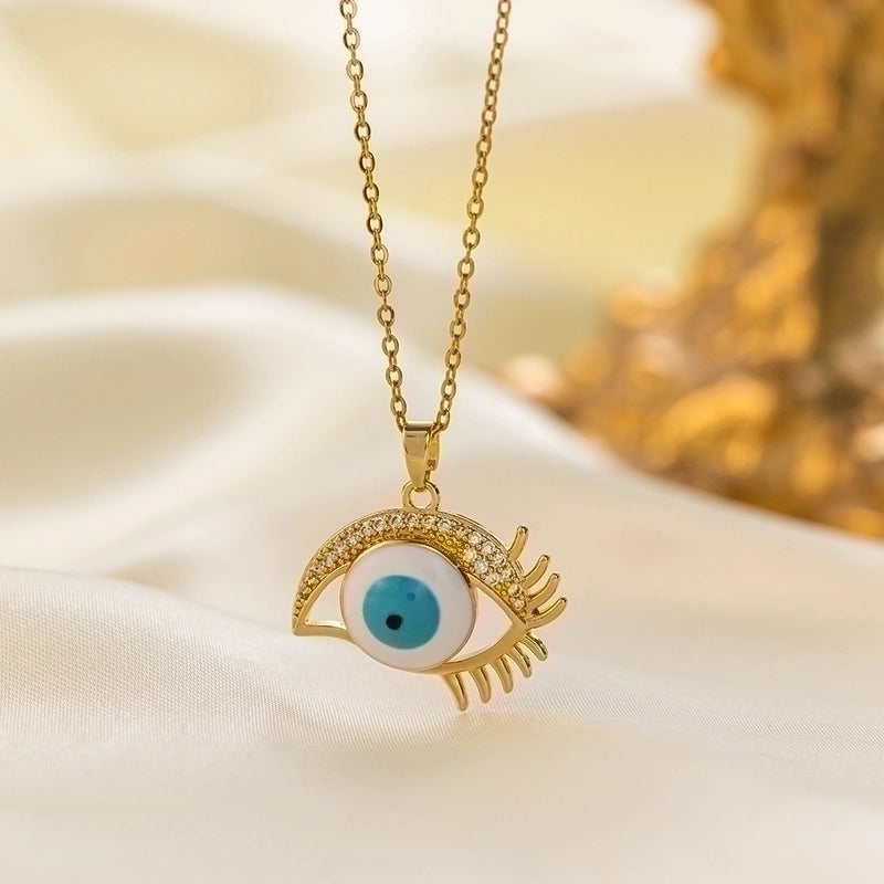 304 Stainless Steel 18K Gold Plated Vintage Style Minimalist Inlaid Zircon Eye Artificial Rhinestones Resin Pendant Necklace