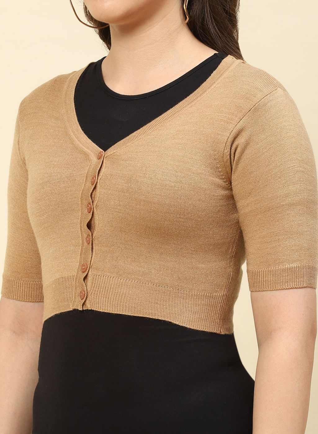 Women Camel Brown Solid Blend wool Blouse