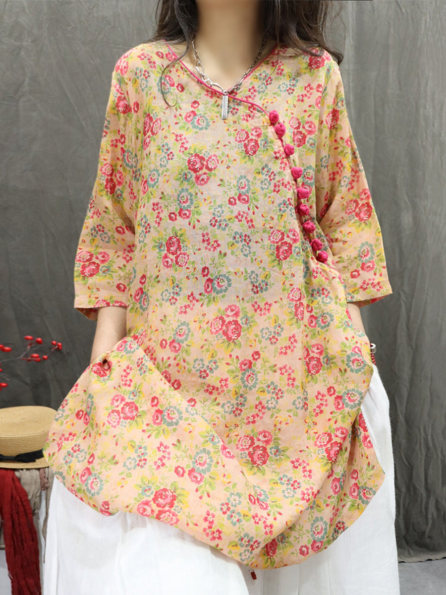 Women Summer Artsy V-Neck Flower 100%Ramie Shirt