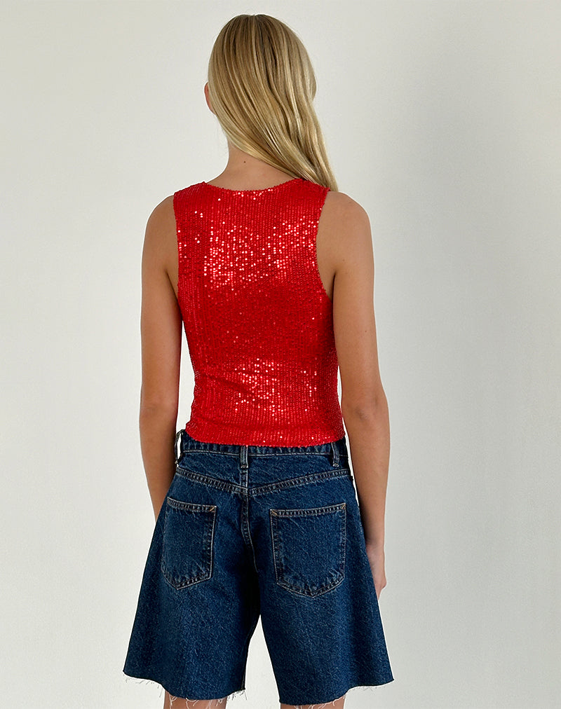 Hala Vest Top in Red Drape Mini Sequin