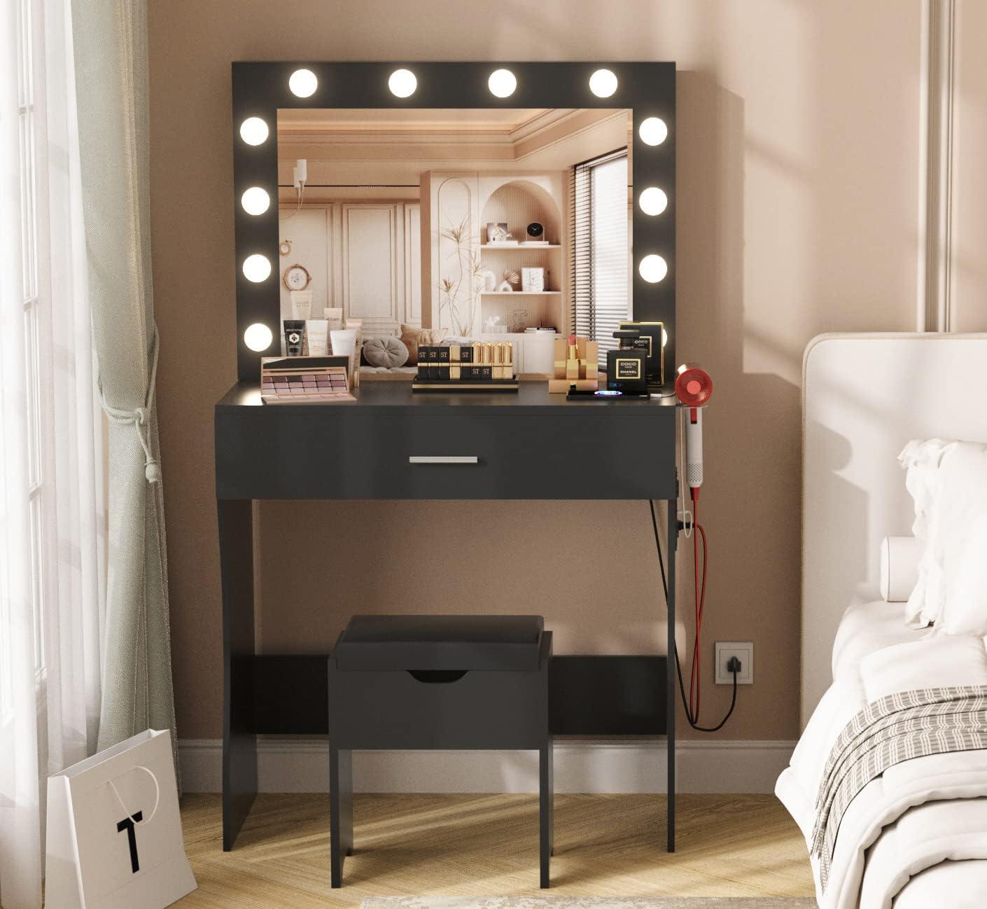 Vanity Table Set with Lighted Mirror - Makeup Vanity with Charging Station