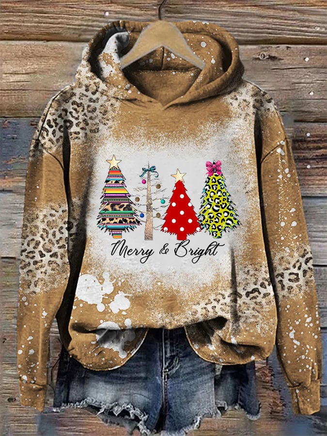 Women's Merry & Bright Western Leopard Christmas Tree Print Casual Hoodie