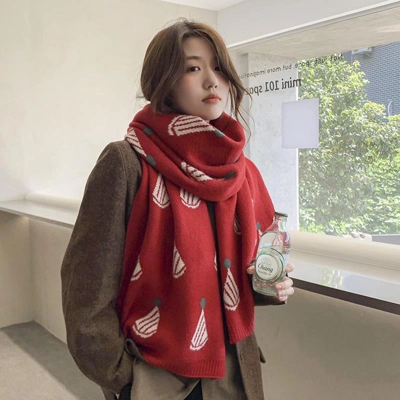 Christmas Gift Red Christmas Hat Wool Scarf Women's Winter Warm  Versatile Knitted Scarf Student