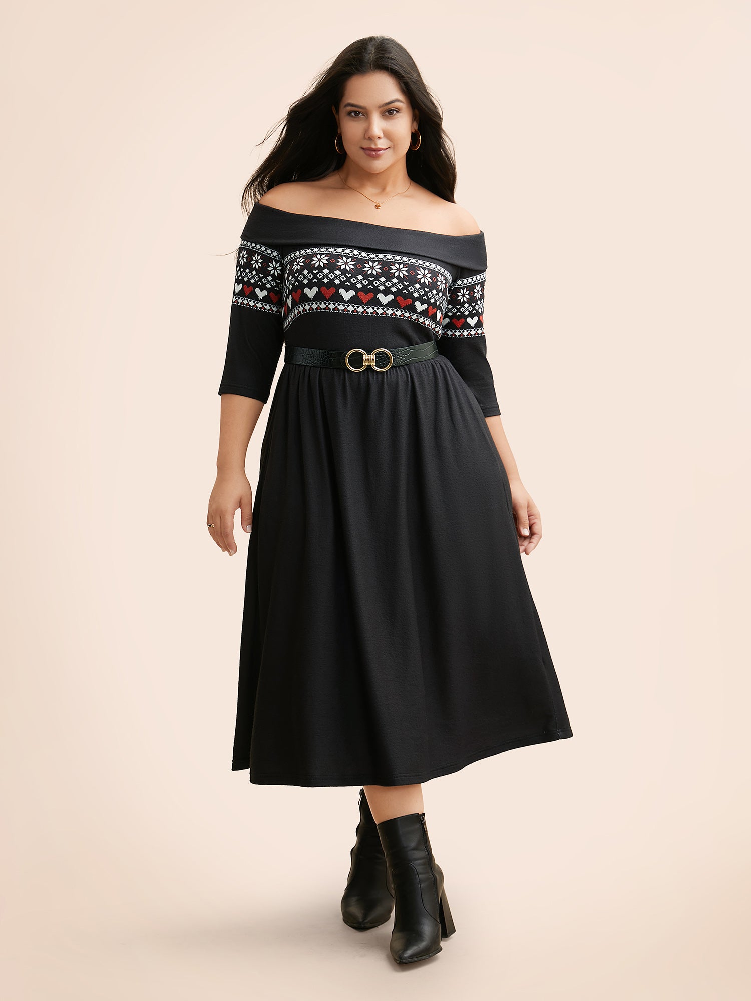 Geometric Off Shoulder Neck Midi Dress