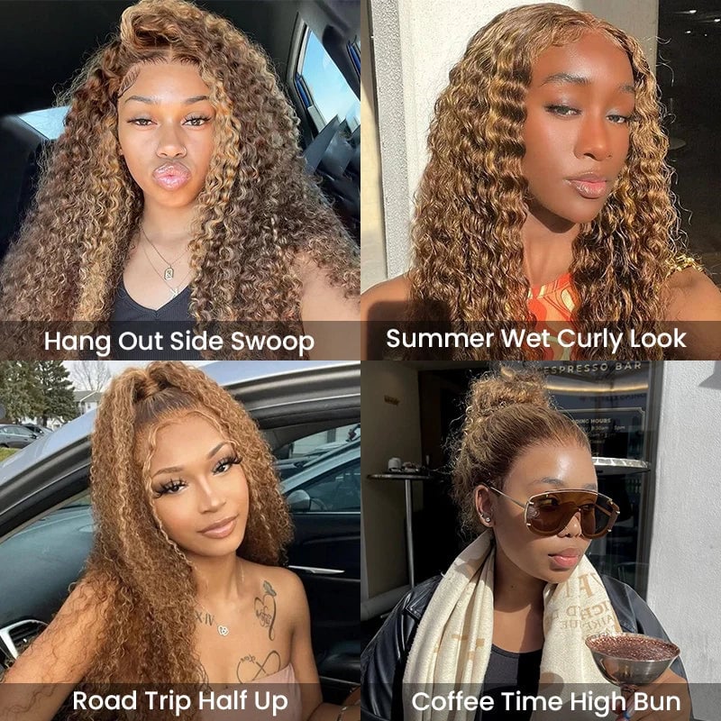 🔥Water Wave Highlight Ombre Color Invisi Strap Snug Fit 360 Skin Lace Frontal Wig Glueless Human Hair