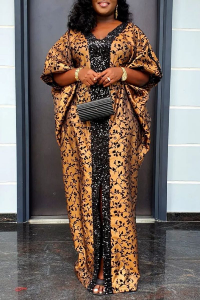 Casual Print Patchwork Slit V Neck One Step Skirt Plus Size Dresses