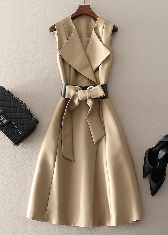 Bohemian Khaki Peter Pan Collar Bow Cotton Dress Sleeveless Summer
