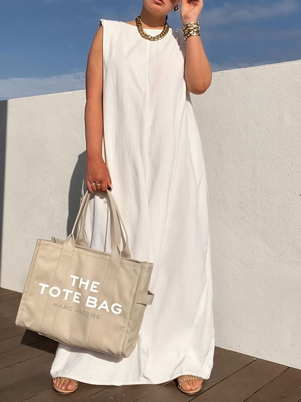 Loose Sleeveless Shoulder Pad Solid Color Round-Neck Maxi Dresses