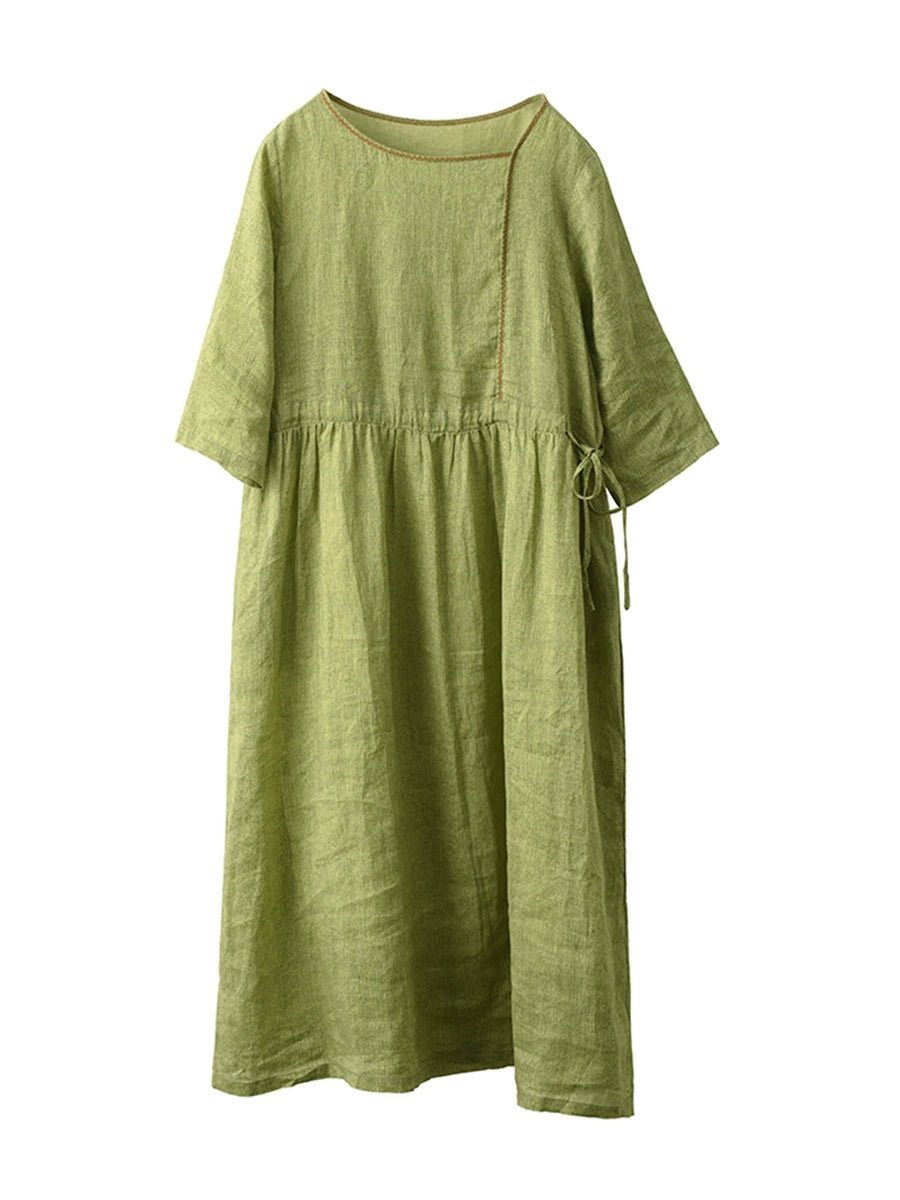 Women Summer Pure Color O-Neck 100%Ramie Dress