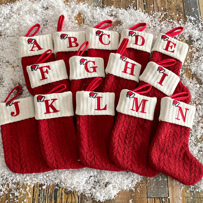 Cozy Knit Socks, Embroidered Candy Gift Bag, Letter Christmas Stocking