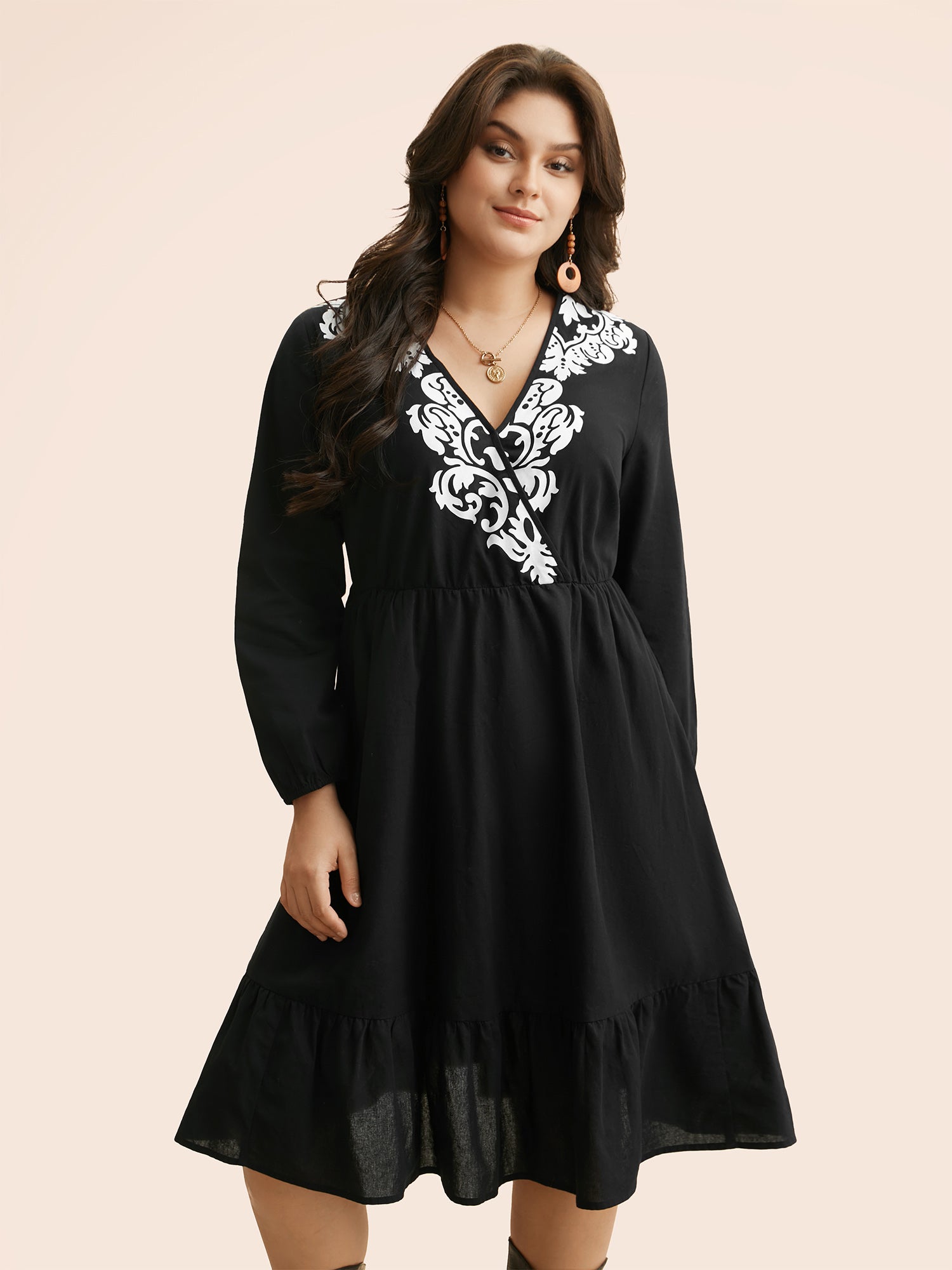 Boho Print Overlap Collar Midi Dress