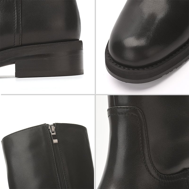 Wide Fit Handmade?Leather Knee High Boots Side Zip Riding Boots in Black Short Plush Lining