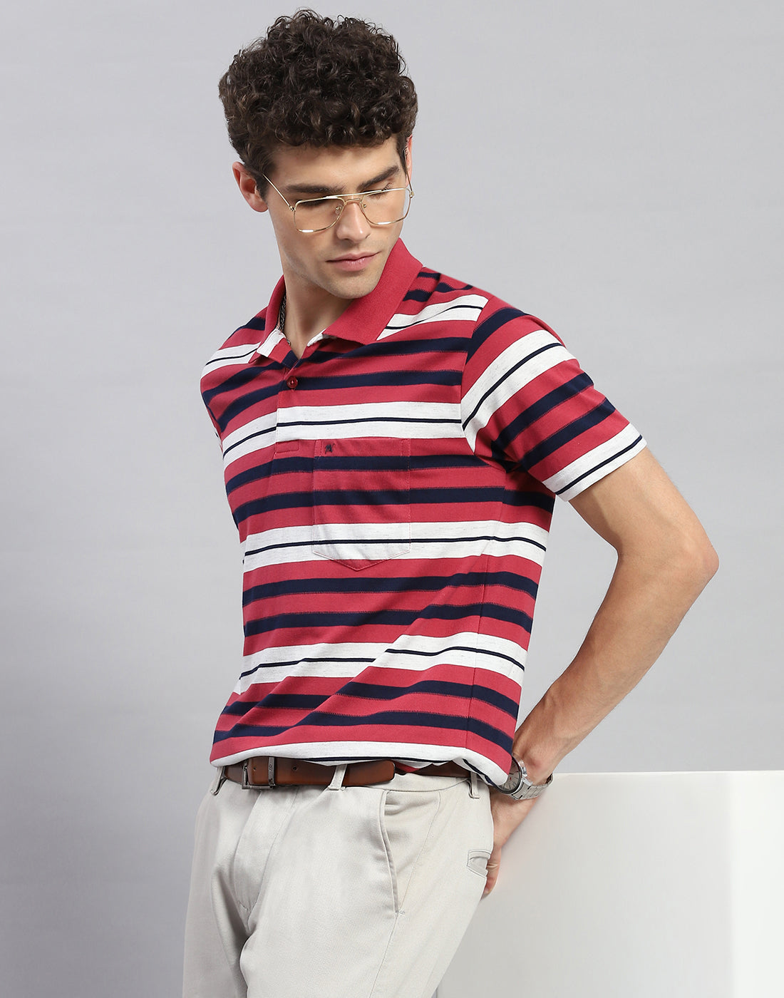 Men Red Stripe Polo Collar Half Sleeve T-Shirt