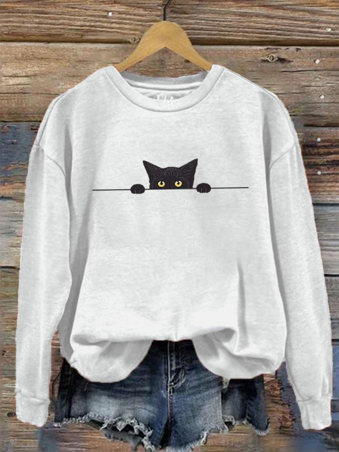 Women's Black Cat Print Crew Neck Sweatshirt