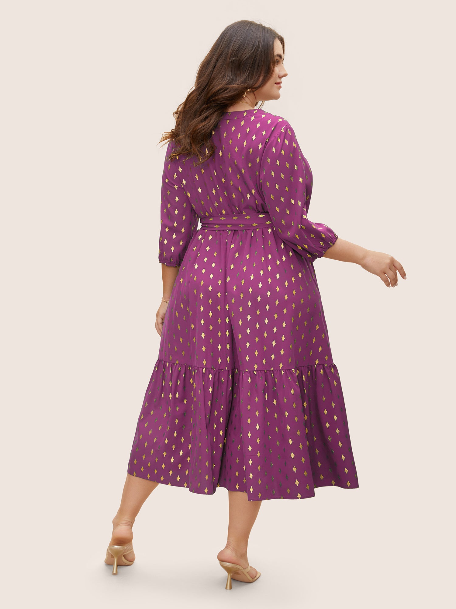 Glitter Notched Lantern Sleeve Midi Dress