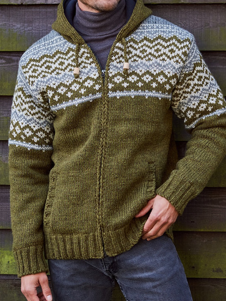 Mens Vintage Fair Isle Knitted Hooded Cardigan