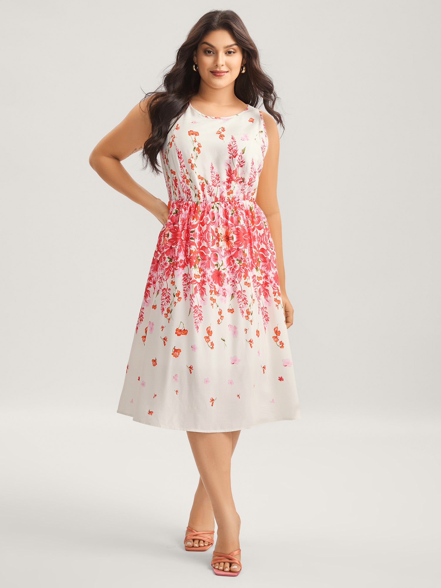 Floral Print Cinched-Waist Midi Dress