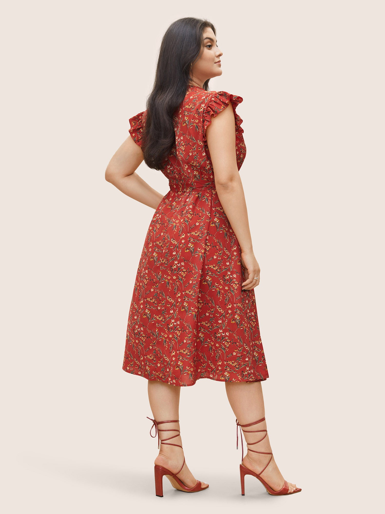 Ditsy Floral Frill Trim Notched Flutter Sleeve Dress