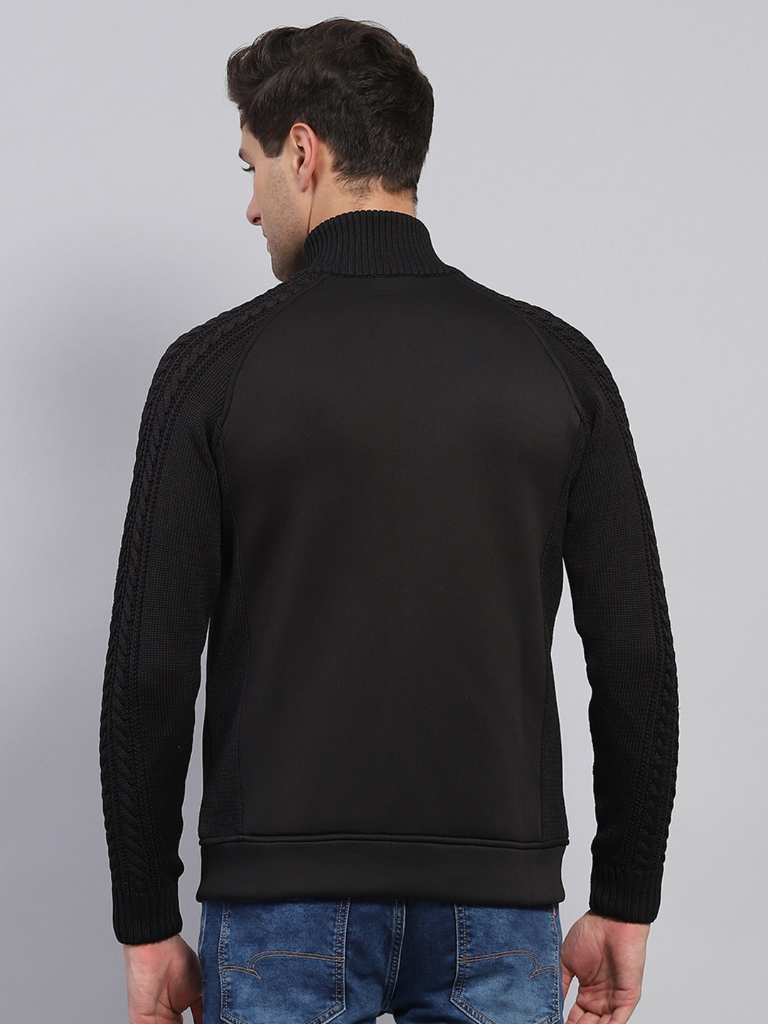 Men Black Self Design Mock Neck Full Sleeve Pullover