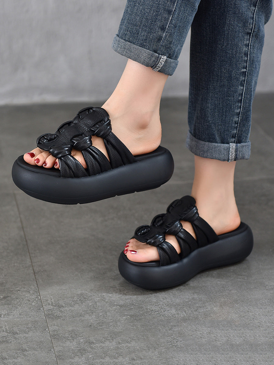 Women Summer Casual Leather Weave Platform Slippers
