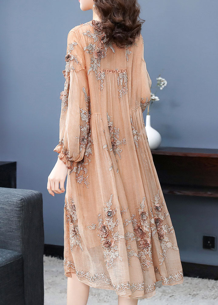 Handmade Apricot V Neck Embroidered Floral Silk Maxi Dress Long Sleeve