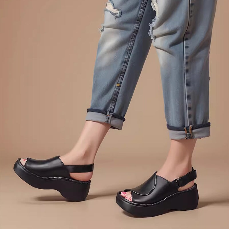 Handmade Leather Light Platform Sandals For Women Mori Girl Style in Black