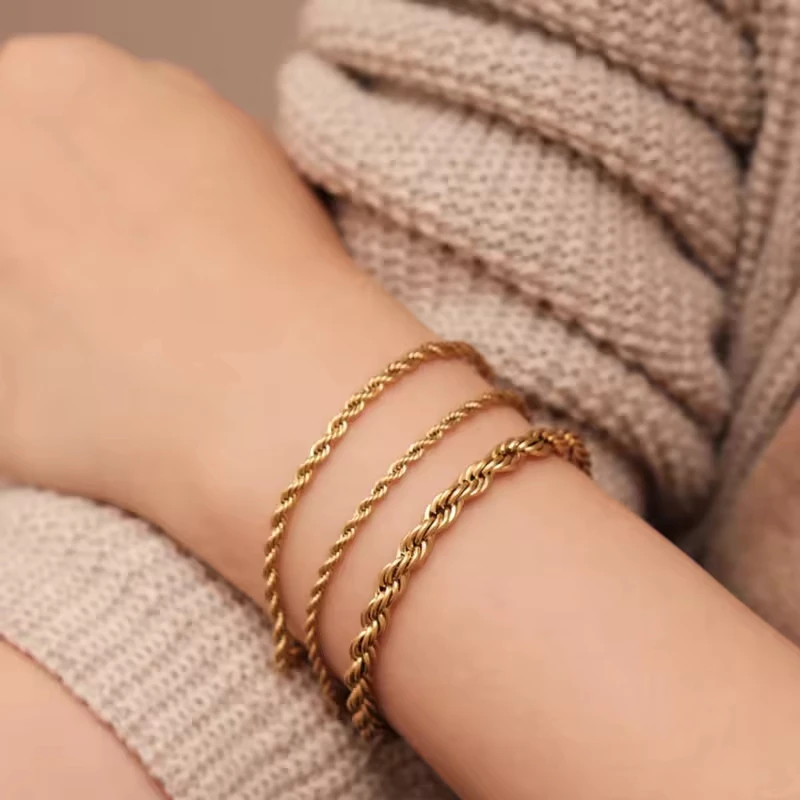 Hot Sale Trendy Jewelry 18k Gold Plated Twisted Rope Chain Bracelet for Women men Layered Stainless Steel Bracelets Accessories