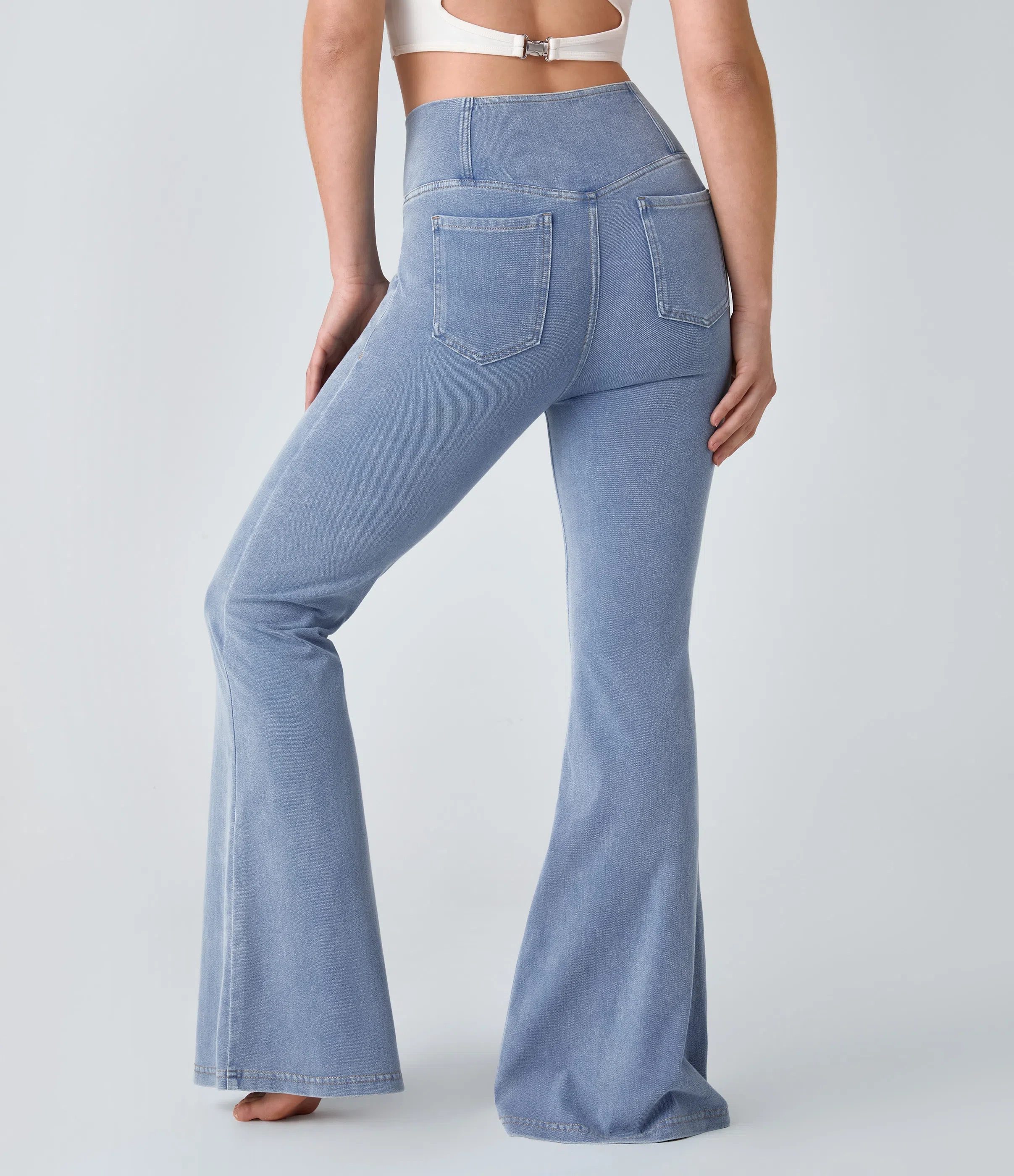 ⚡8 Packs for $25.95⚡- High Waisted Crossover Pocket Washed Stretchy Knit Casual Super Flare Jeans