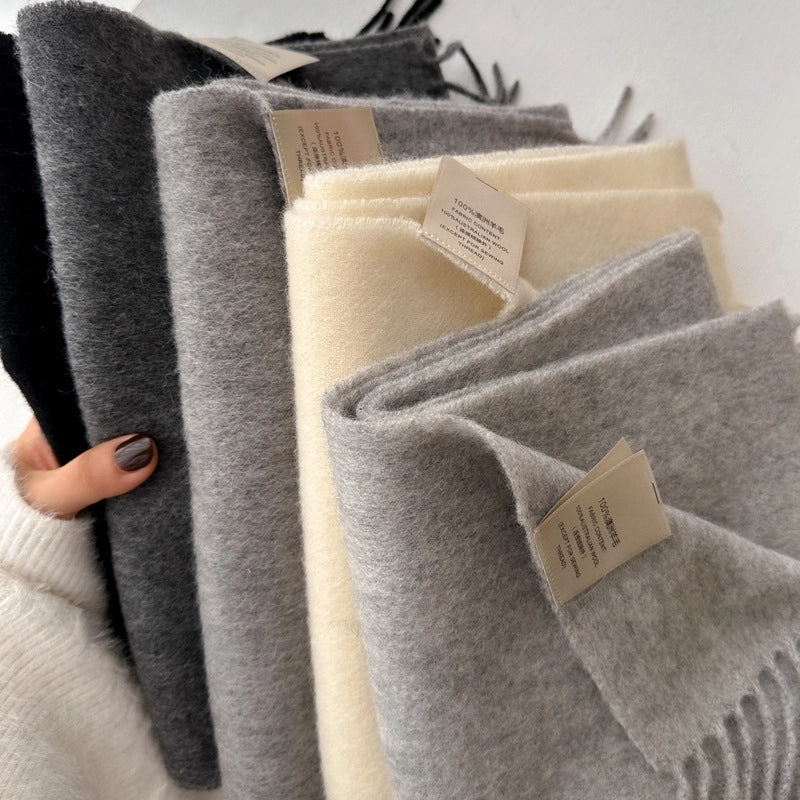 White Pure Wool Scarf Female Winter Student Warm Scarf New Versatile Tassel Narrow Scarf Couple