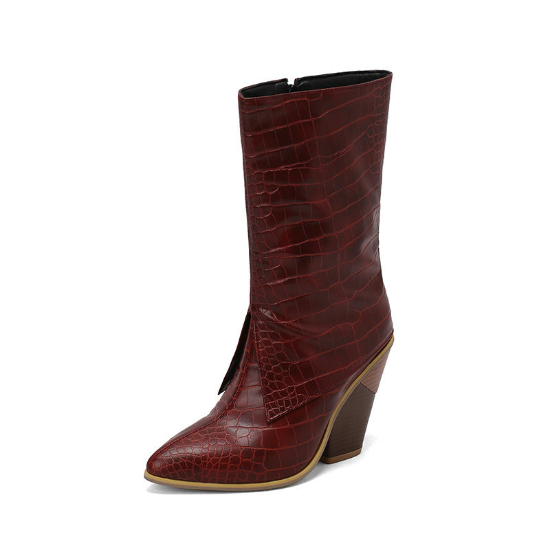 Snakeskin Print Zipper Fold Chunky Heels Western Boots
