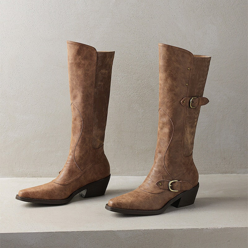 Women's Western R Toe Knee High Riding Boots with Belt in Grey/Brown