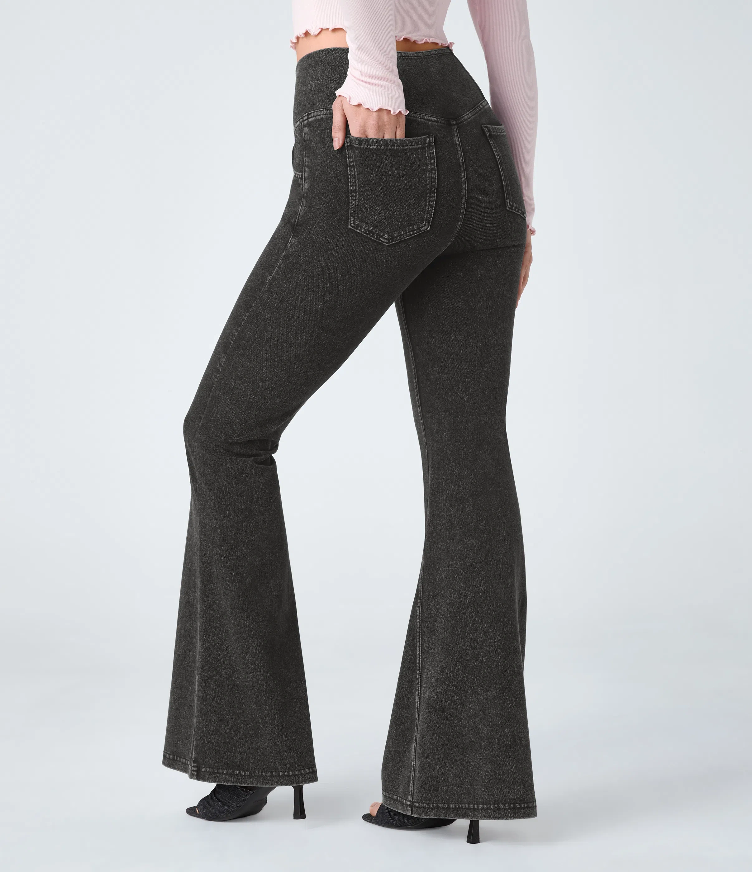 ⚡8 Packs for $25.95⚡- High Waisted Crossover Pocket Washed Stretchy Knit Casual Super Flare Jeans