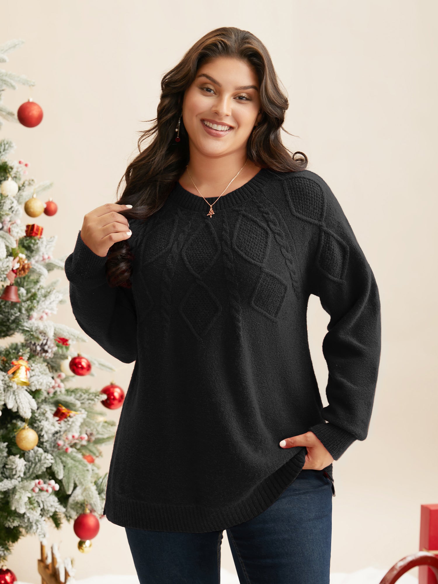 Cable Knit Bodice Crew-Neck Pullover