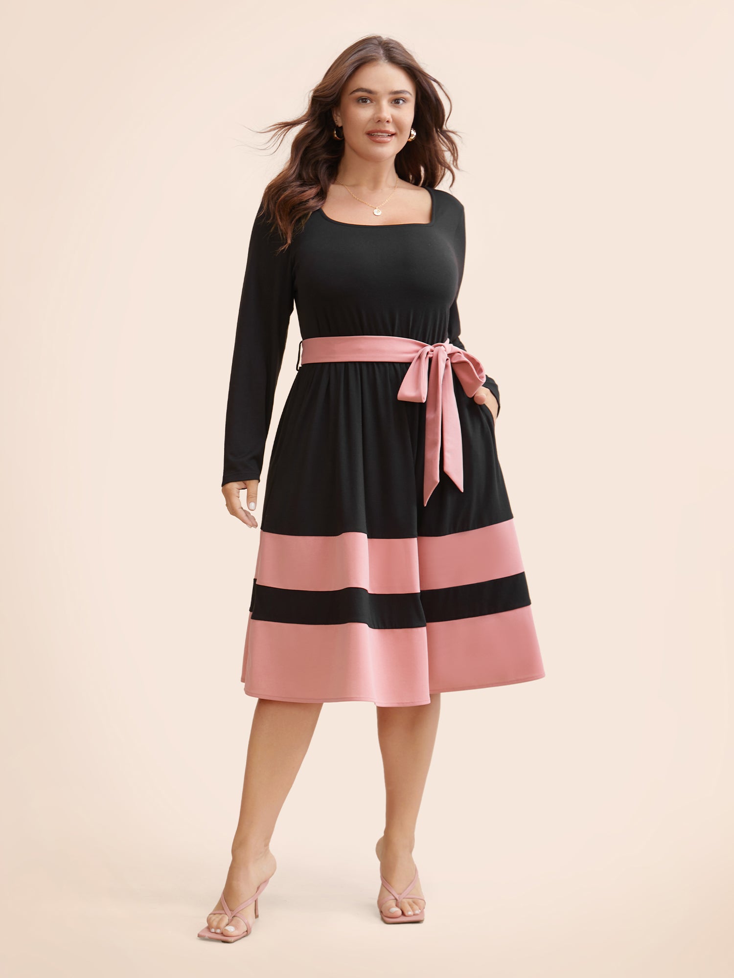 Two Tone Belted Bowknot Square Neck Dress