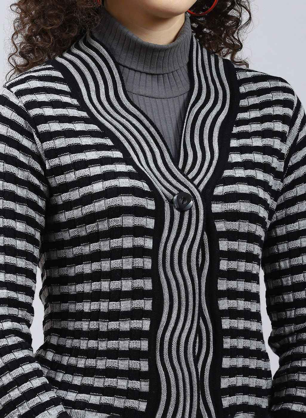 Women Black Stripe Wool blend Cardigan