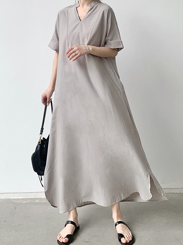 Loose Short Sleeves Solid Color V-Neck Maxi Dresses