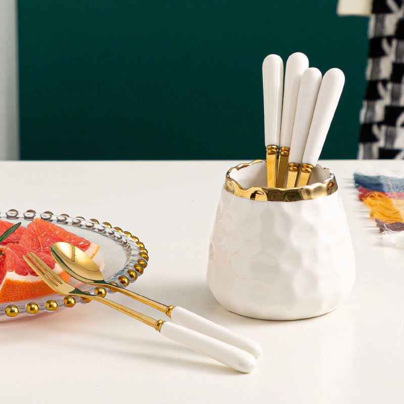 Simple Light Luxury Fruit Fork Spoon Ceramic Storage Cans Set Creative Fruit Sticks Household Stainless Steel Knife Fork Spoon