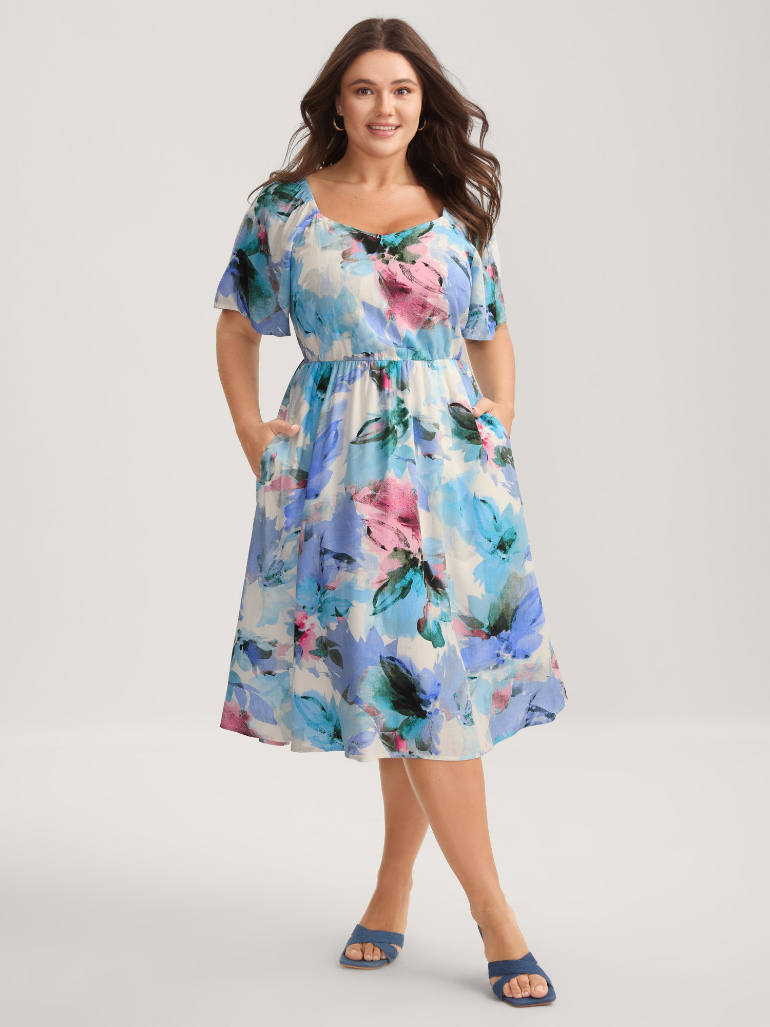 Floral Print Sweetheart Neck Pockets Midi Dress
