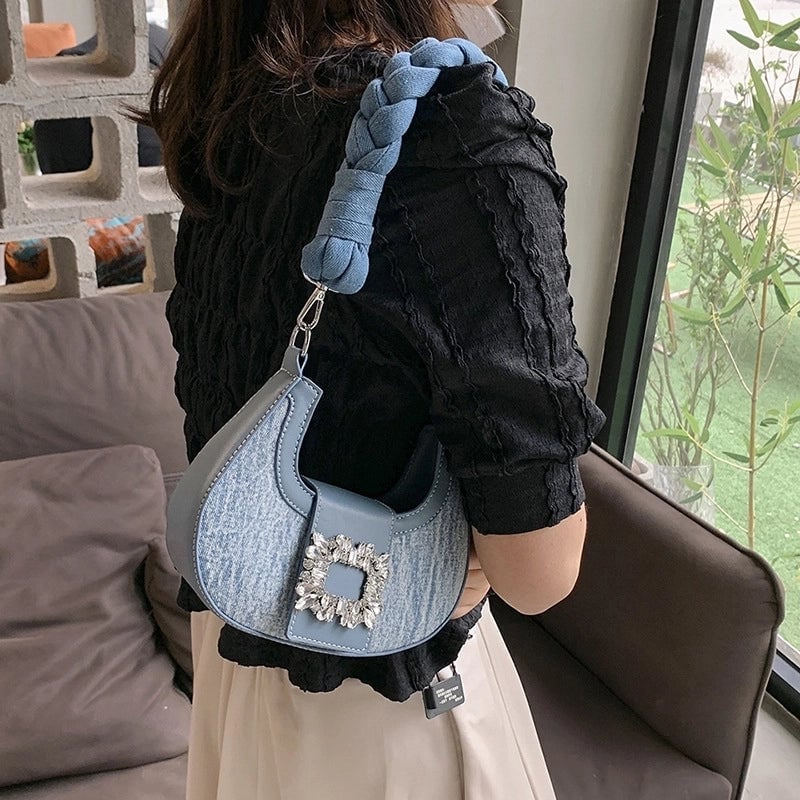 Women's Medium Denim Solid Color Streetwear Pillow Shape Magnetic Buckle Crossbody Bag