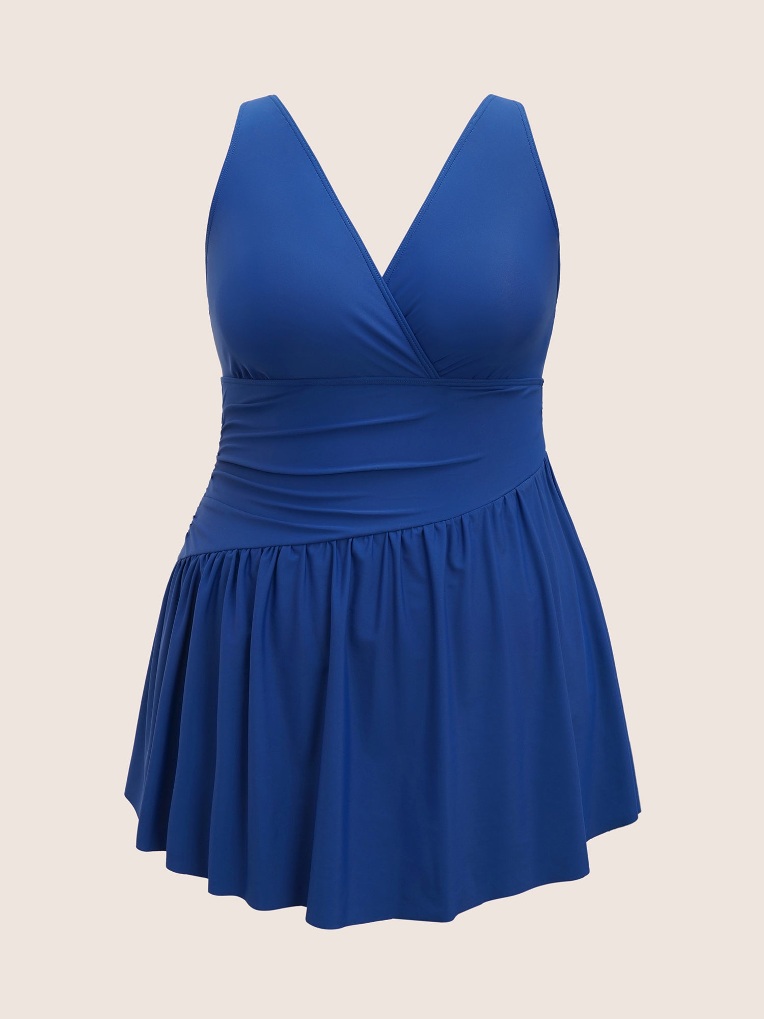 Solid Surplice Neck Gathered Swim Dress