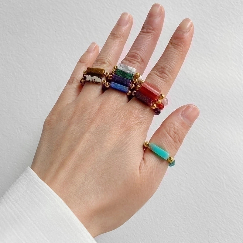 Ethnic Style Round Natural Stone Beaded Rings 1 Piece