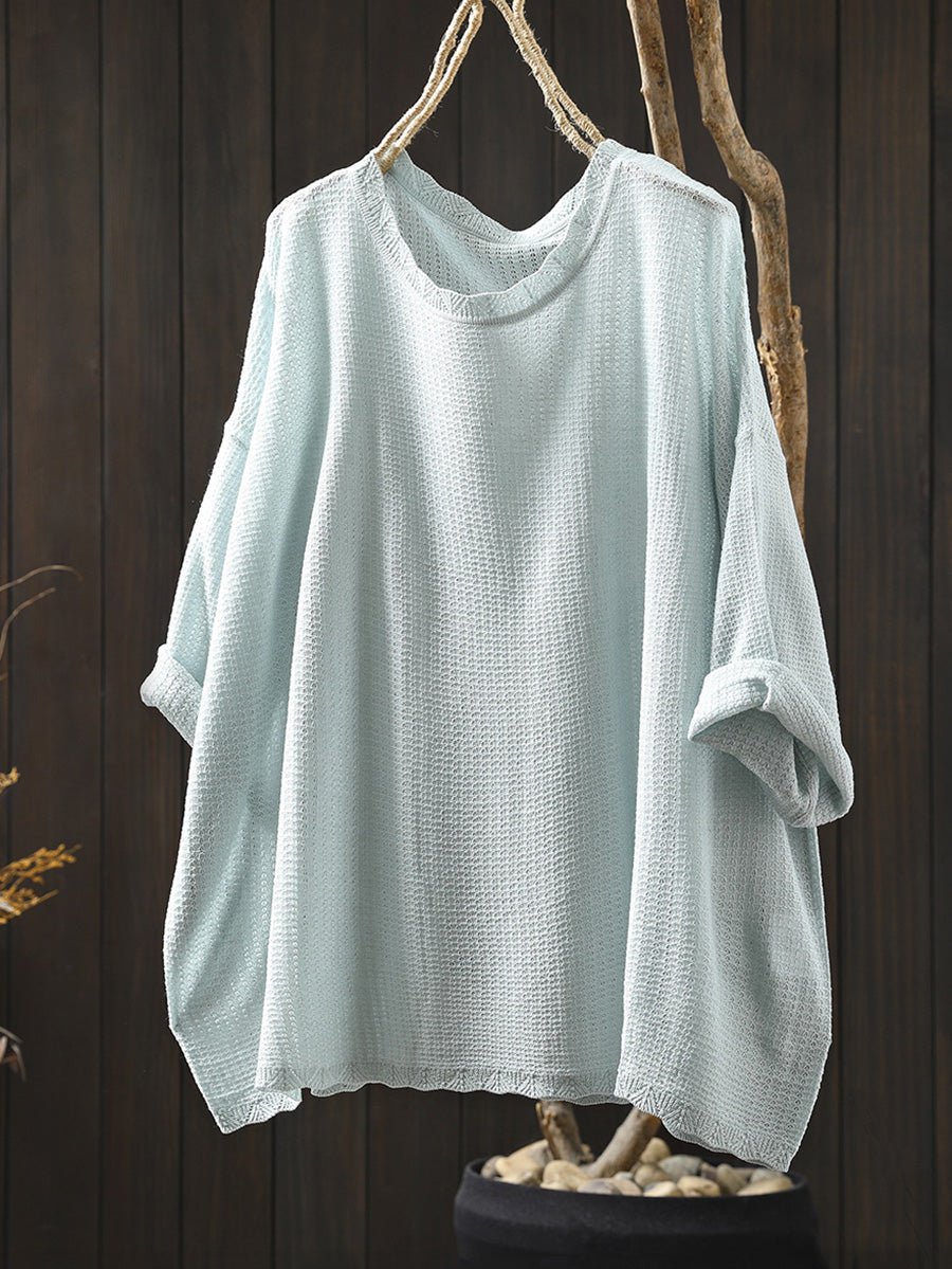 Women Summer Artsy Pure Color Knitted O-Neck Shirt