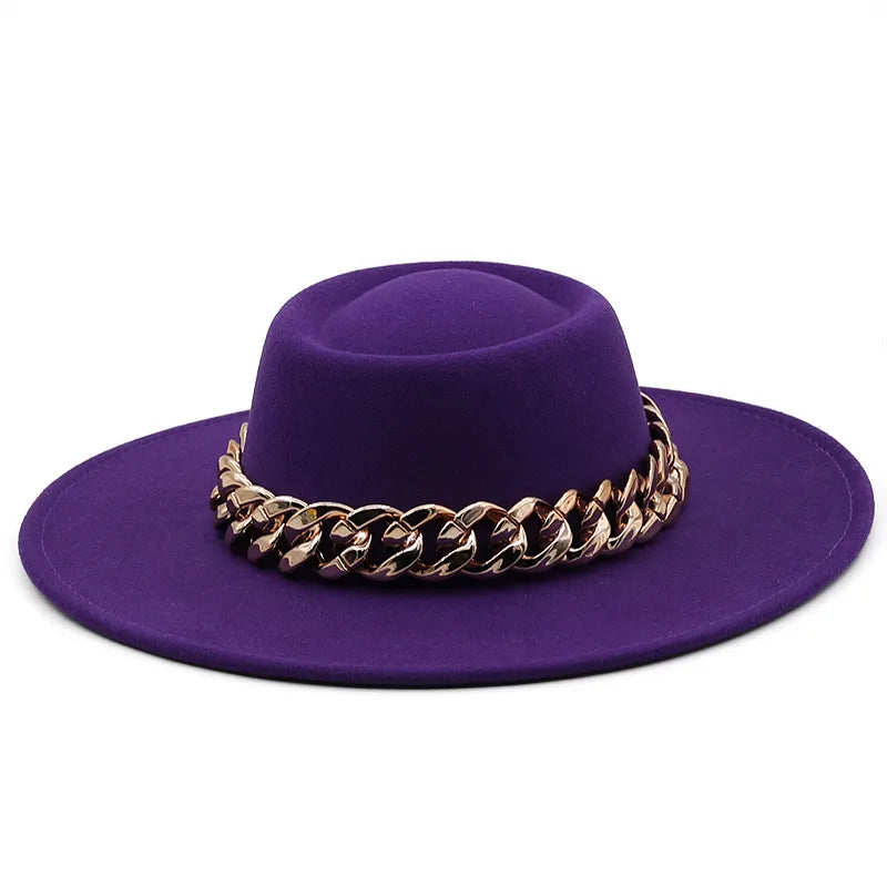 New Retro Ethnic Style 9.5 Brim Wool Woolen Felt Hat Concave Top Men's And Women's Top Hat Large Brim Thick Gold Chain Hat